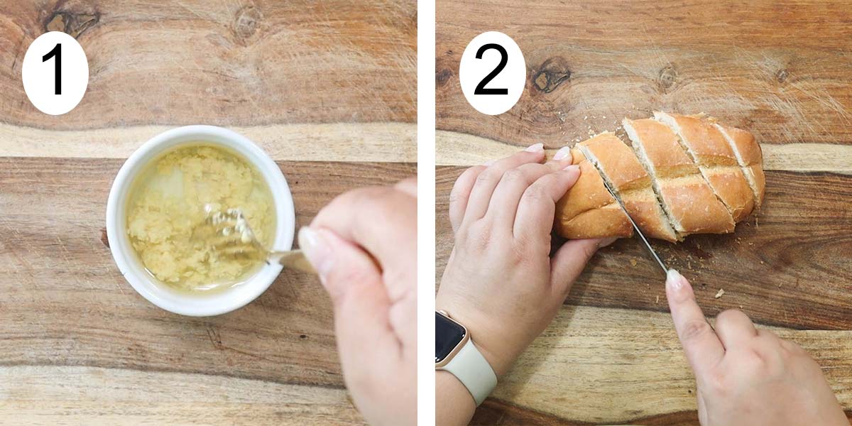 collage of the pinchos de cerdo recipe on the left mixing garlic and oil and cutting bread on the right.