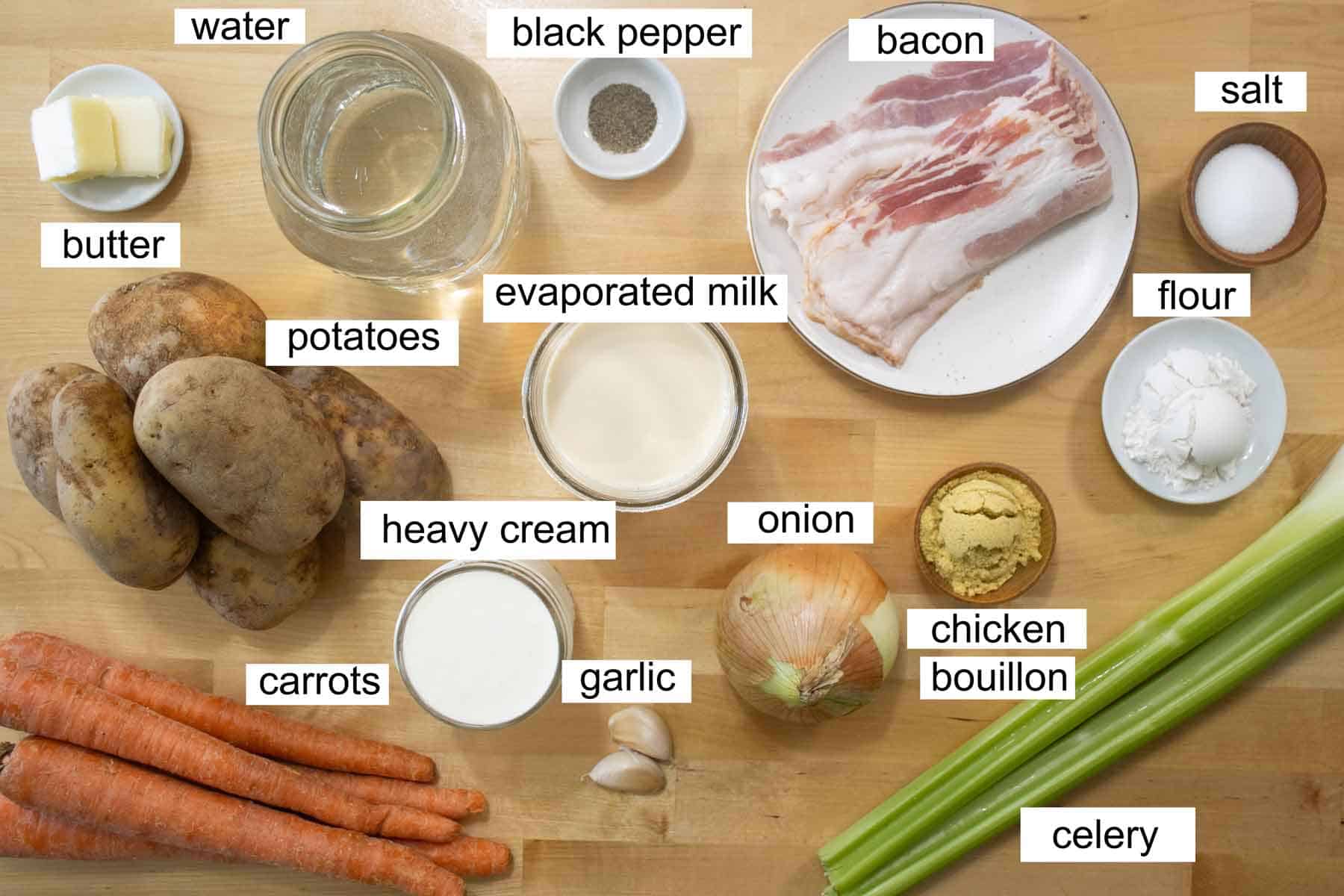 all the ingredients needed to make a potato soup.