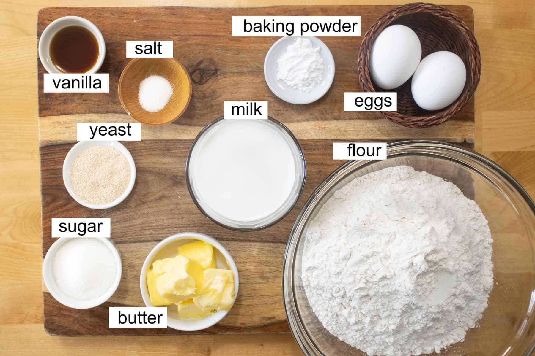 all the ingredients needed to make sugar donuts.
