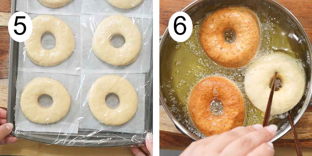 collage de como se hacen donas fritas con azúcar y a un lado las donas subiendo y friendo al otro lado.