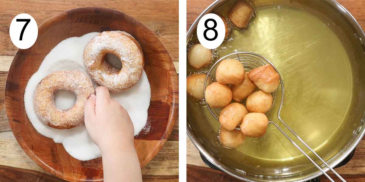 collage de los pasos para hacer donas caseras a un lado echandole azúcar y al otro lado friendo donitas pequeñas.