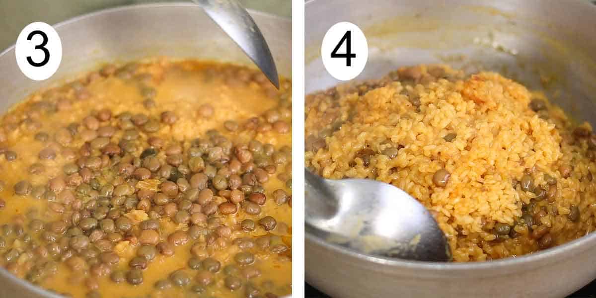 recipe collage on how to make a arroz con gandules and coconut milk on one side the rice drying and fluffing on the other.