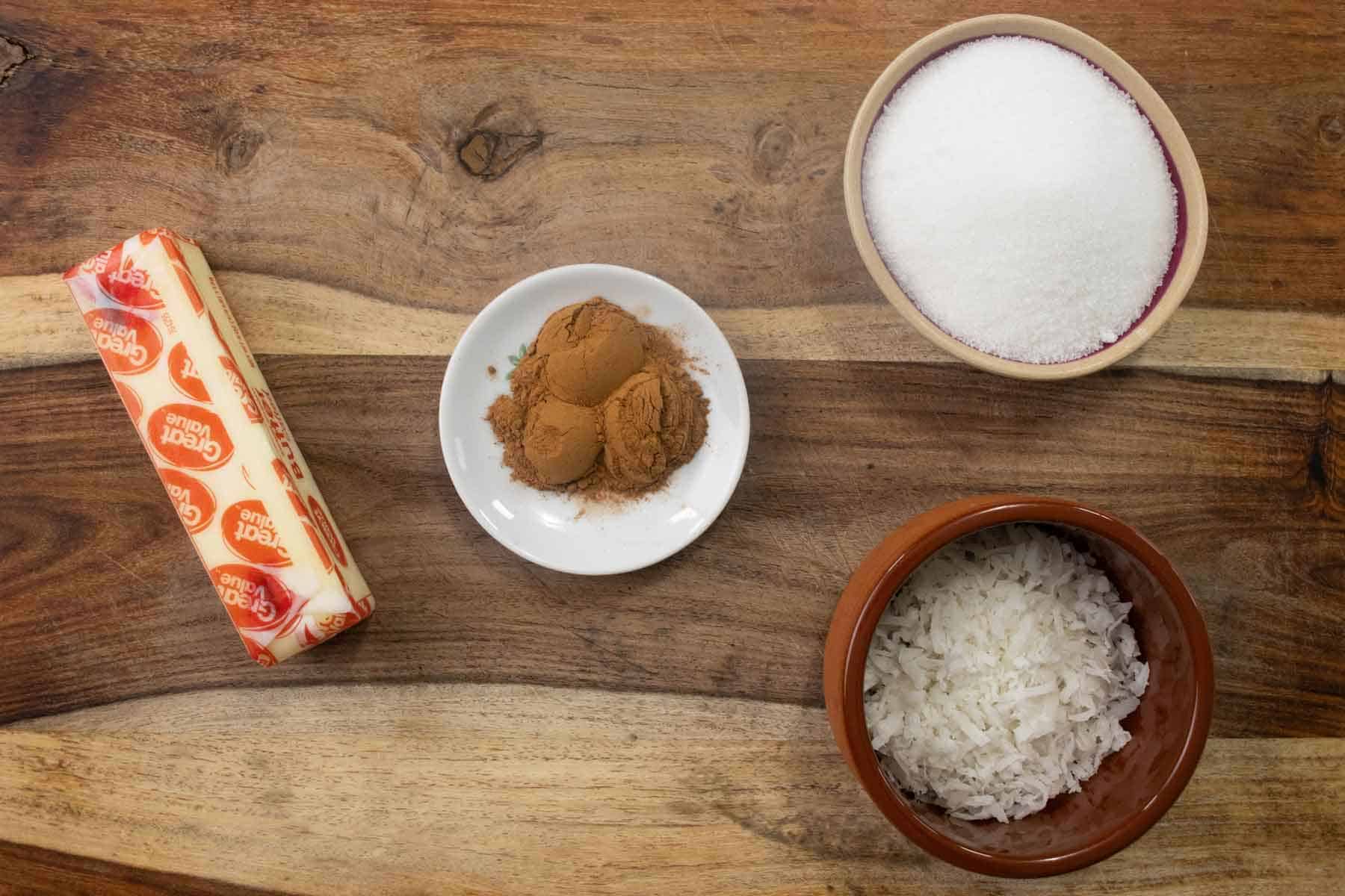 All the ingredients needed to make coconut cinnamon rolls butter filling.
