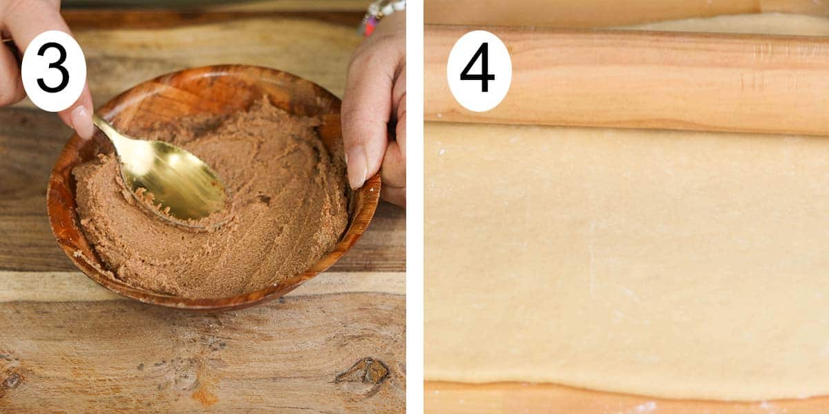 Recipe collage on how to make coconut cinnamon rolls one one side the cinnamon butter for the filling and flattening the dough on the other side.
