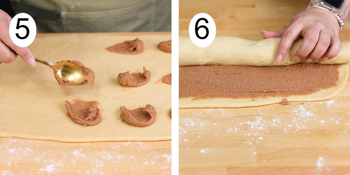 Recipe collage on how to make coconut cinnamon rolls on one side adding the cinnamon butter filling and rolling the cinnamons on the other.