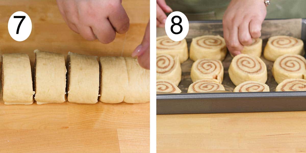 Recipe collage on how to make coconut flavor cinnamon rolls and on one side cutting the rolls and placing them in a baking tray on the other.