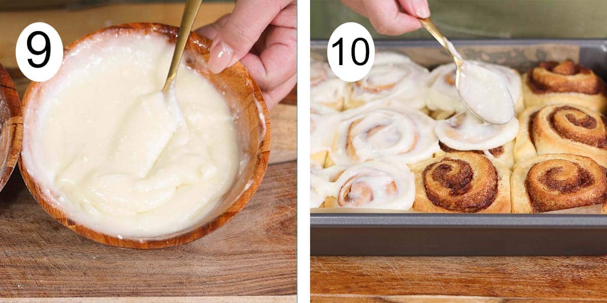 Recipe collage on how to make coconut cinnamon rolls and one side the finished icing for the rolls and adding it on the other.