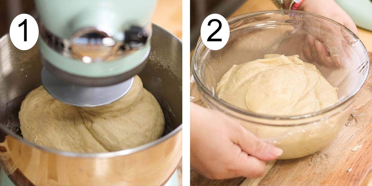Recipe collage on how to make coconut cinnamon rolls and on one side mixing the dough and letting it rise in the other.