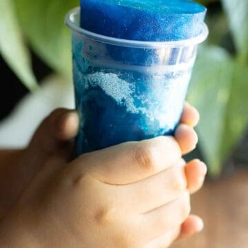 A pair of hands holding a Puerto Rican limber de pitufo or blueberry frozen cup.