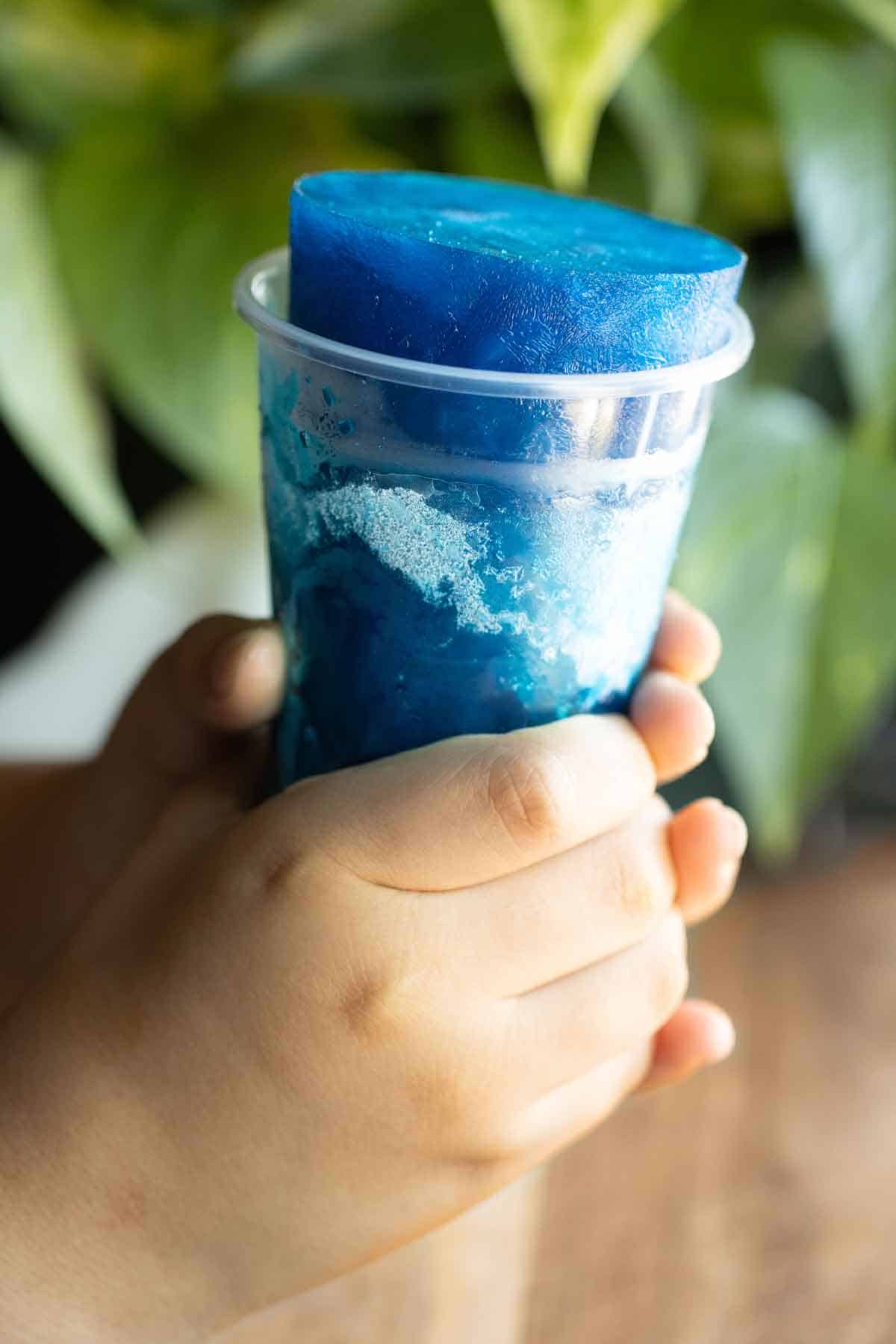A pair of hands holding a Puerto Rican limber de pitufo or blueberry frozen cup.