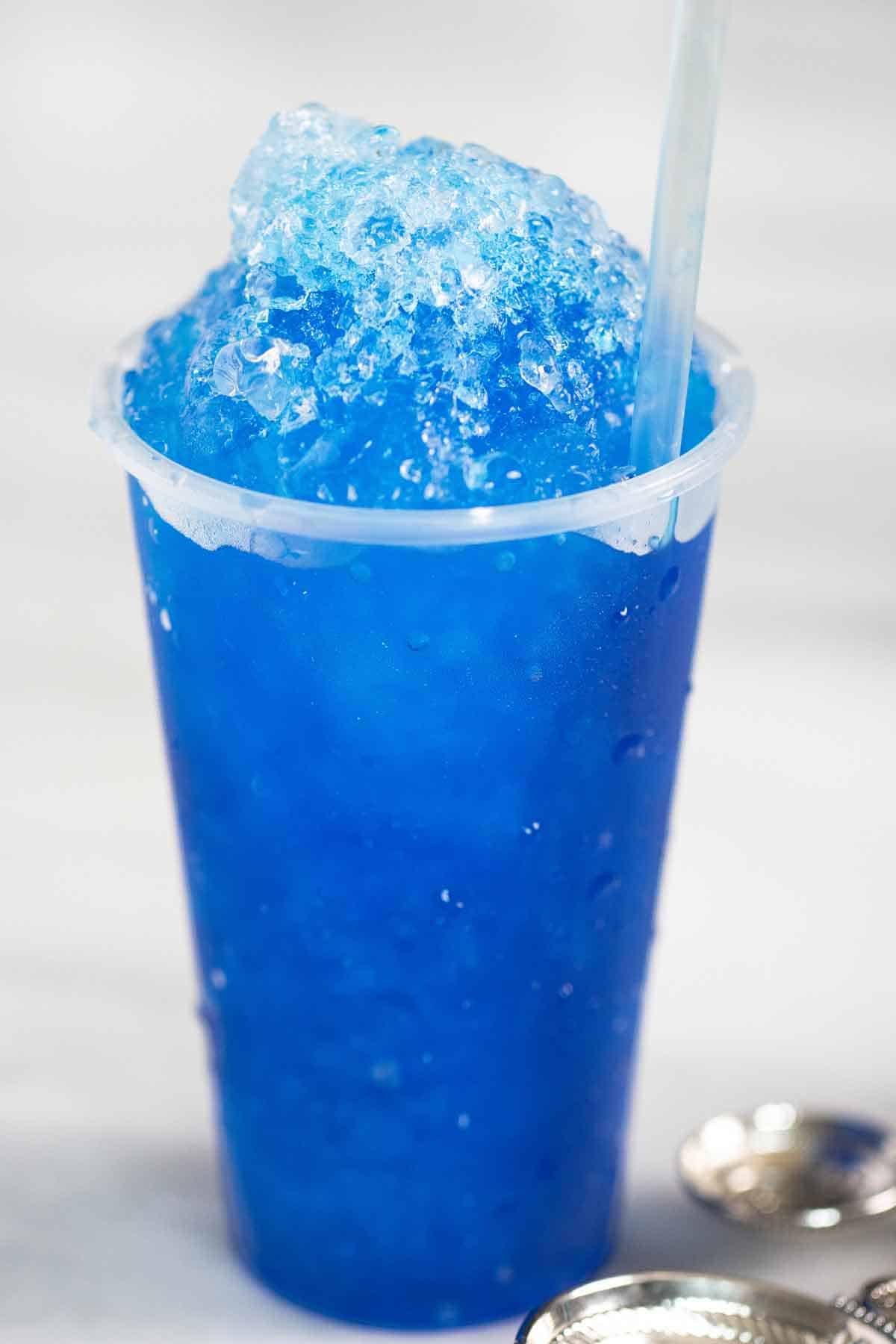 A Puerto Rican piragua de pitufo made with a blueberry syrup.