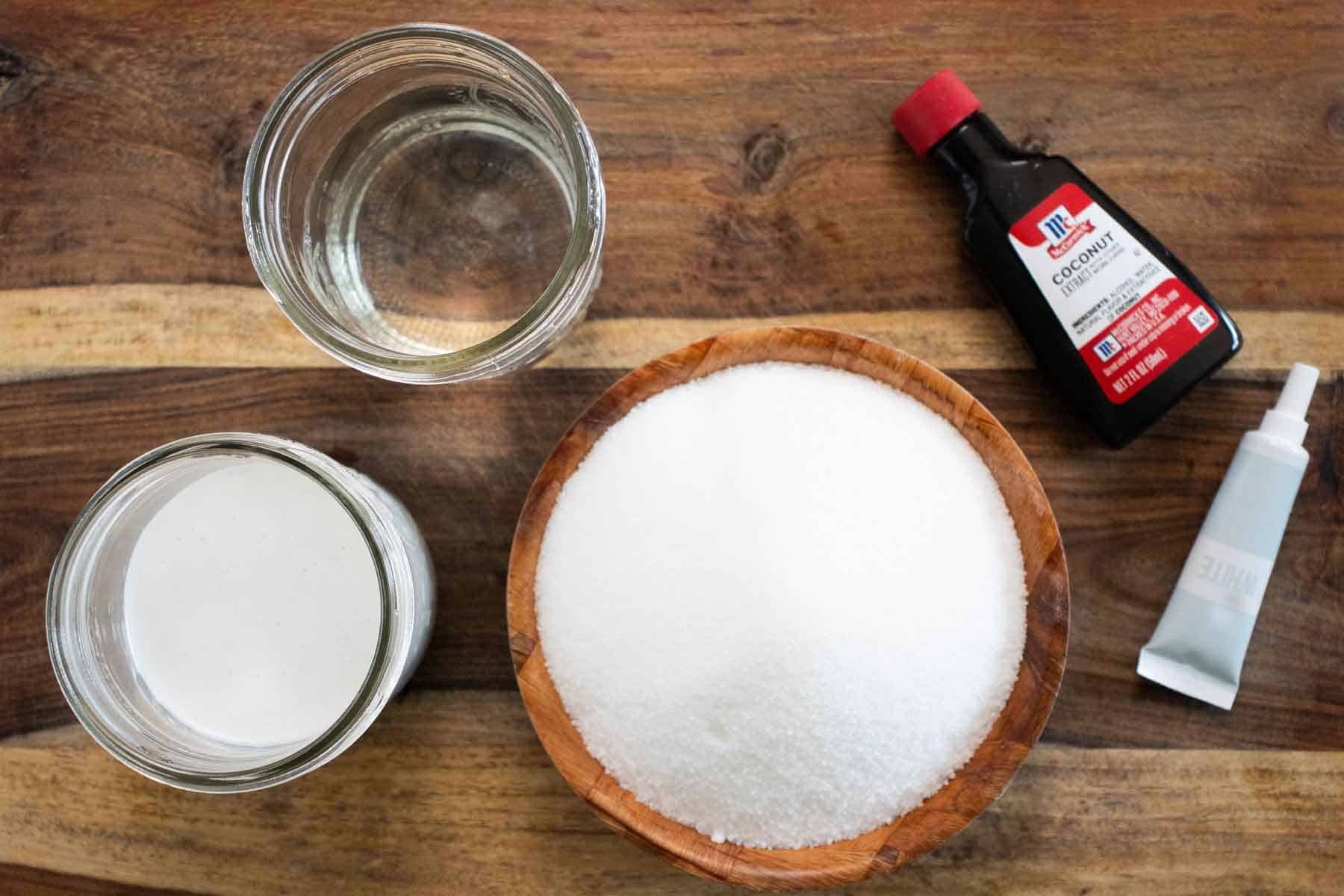 All the ingredients needed to make a homemade coconut syrup.