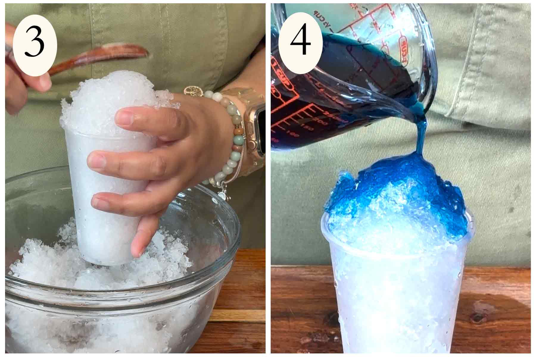 Collage on how to make a blueberry piragua on the left crushing ice and pouring the syrup over the ice on the right.