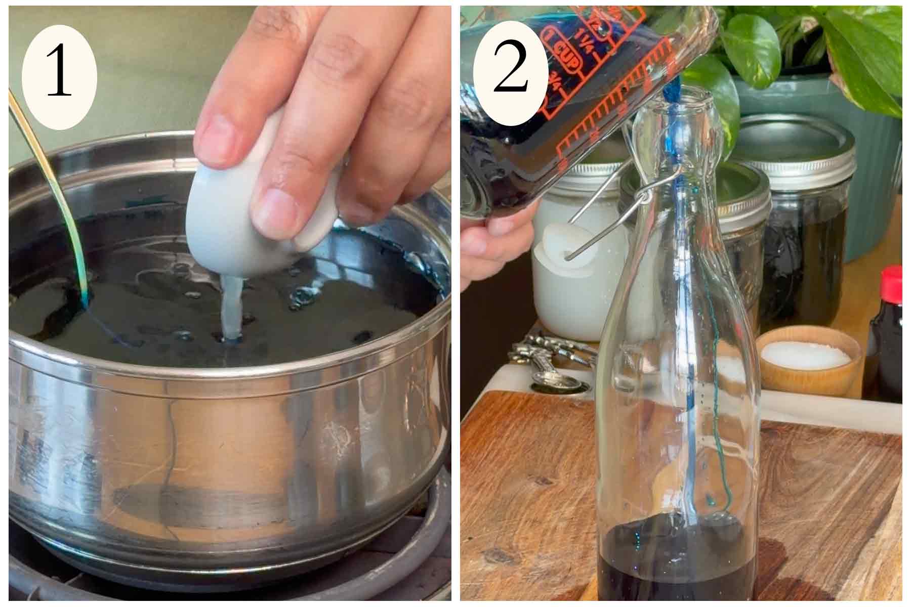 Collage on how to make a blueberry piragua on the left making the syrup and storing on the right.