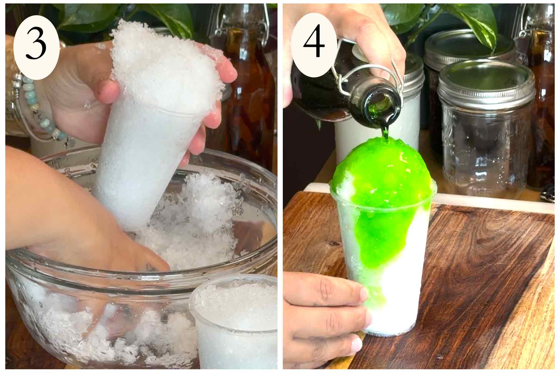 Collage on how to make a mint piragua on the left crushing ice and pouring the syrup over the ice on the right.