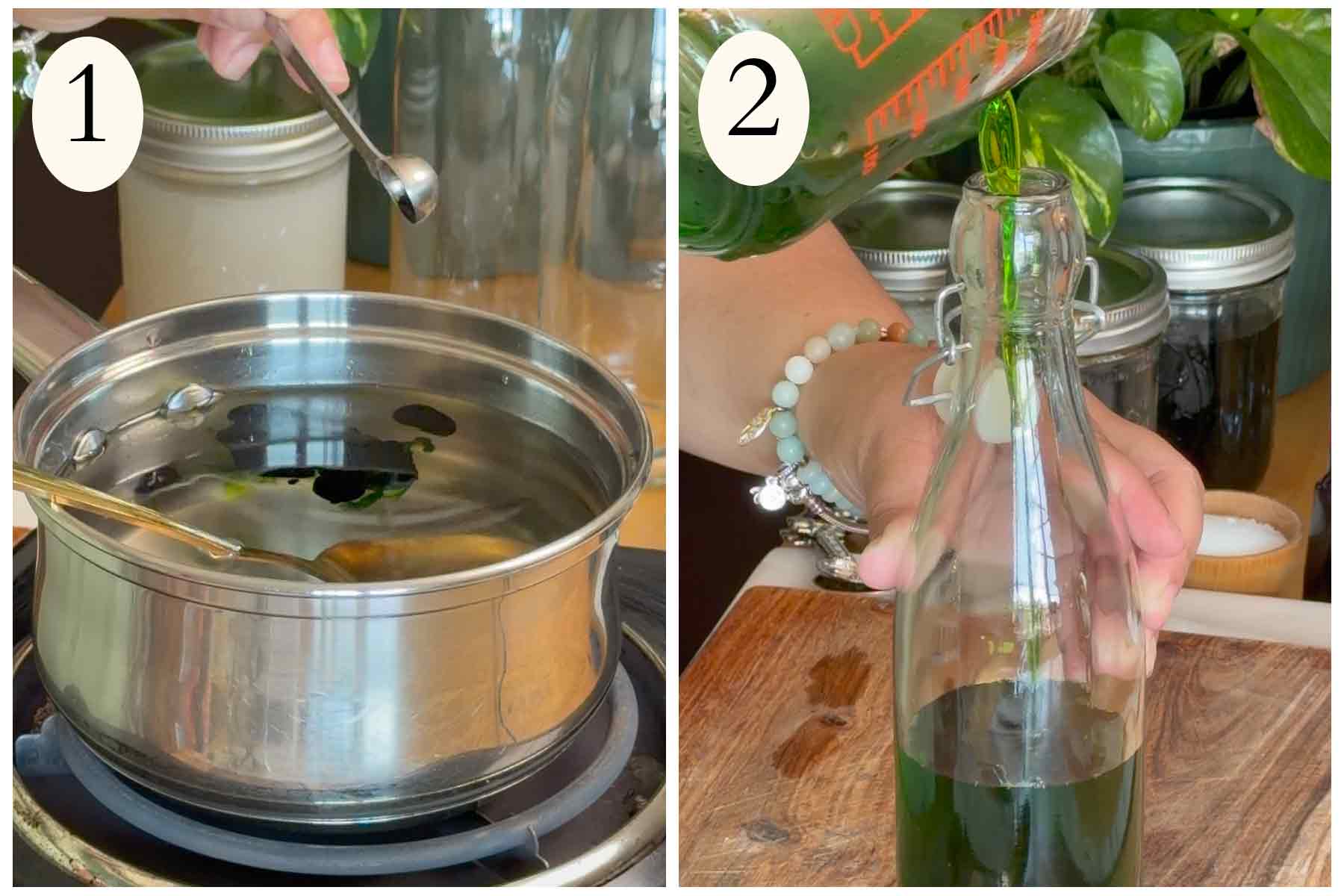 Collage on how to make a mint piragua on the left making the syrup and storing on the right.