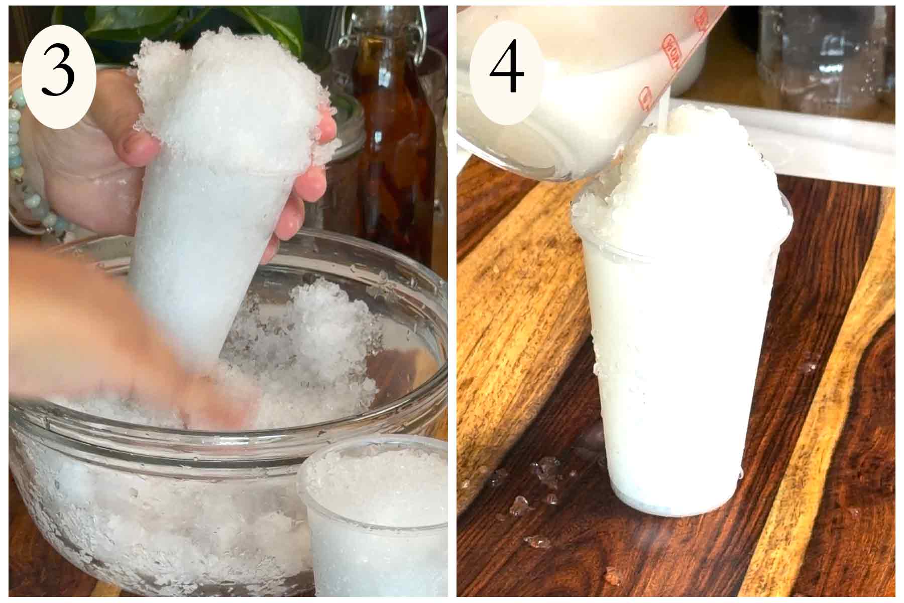 Collage on how to make a coconut piragua on the left crushing ice and pouring the syrup over the ice on the right.