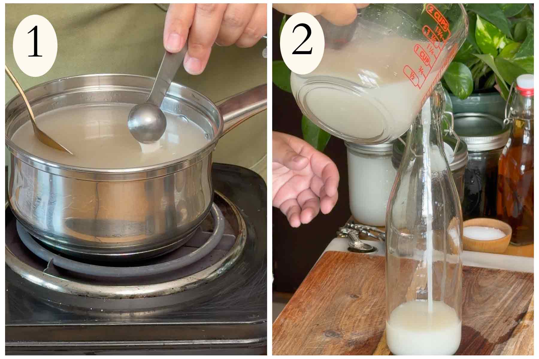 Collage on how to make a coconut piragua on the left making the syrup and storing on the right.