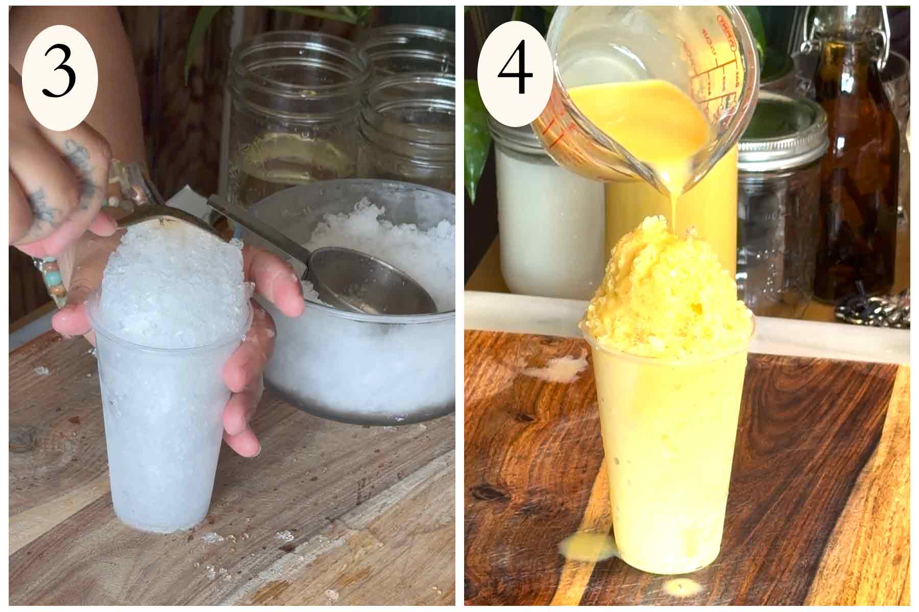 Collage on how to make a crema piragua on the left crushing ice and pouring the syrup over the ice on the right.
