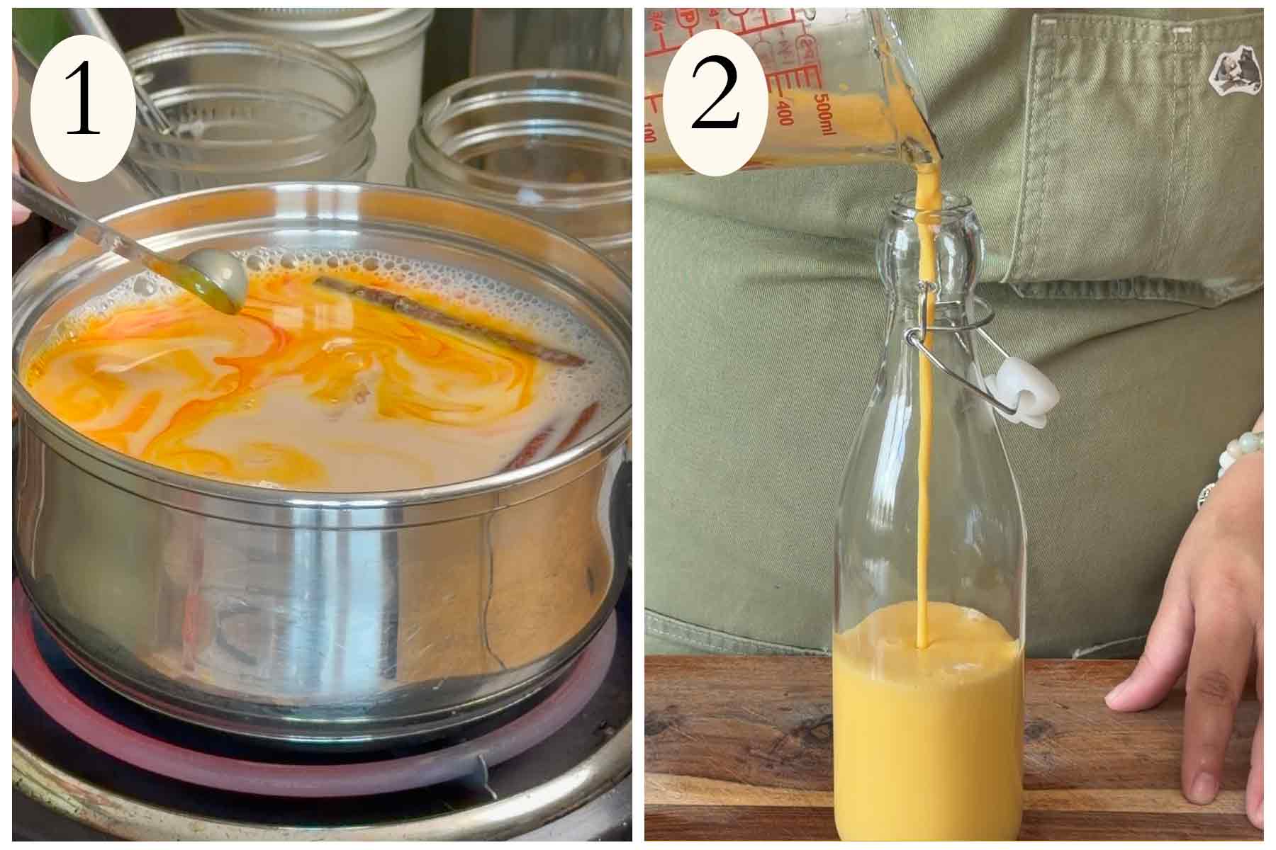 Collage on how to make a crema piragua on the left making the syrup and storing on the right.