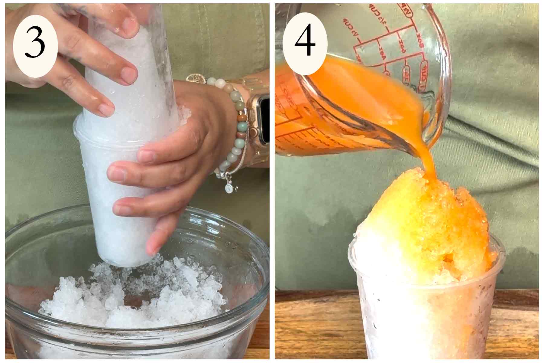 Collage on how to make a mantecado piragua on the left crushing ice and pouring the syrup over the ice on the right.