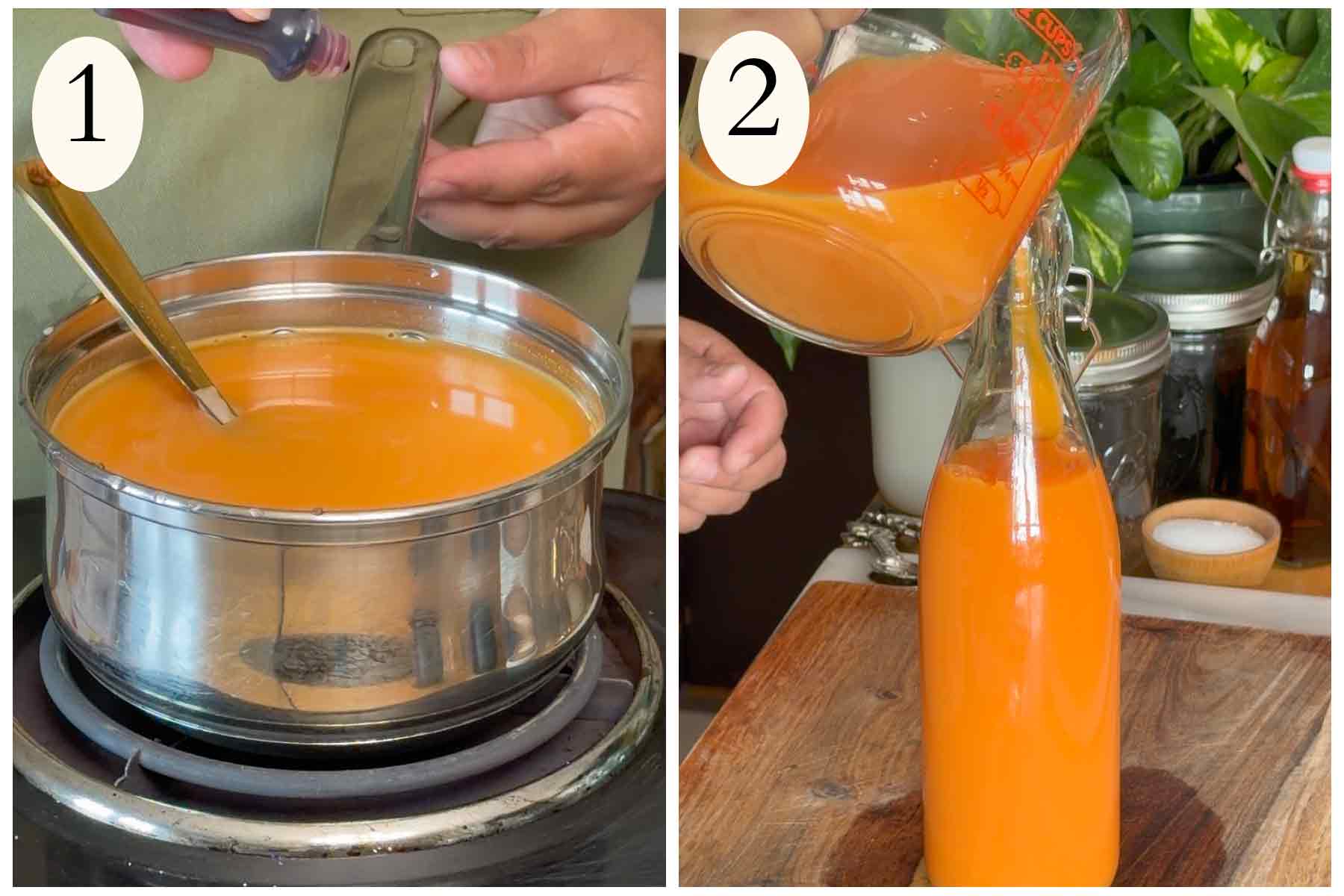 Collage on how to make a mantecado piragua on the left making the syrup and storing on the right.