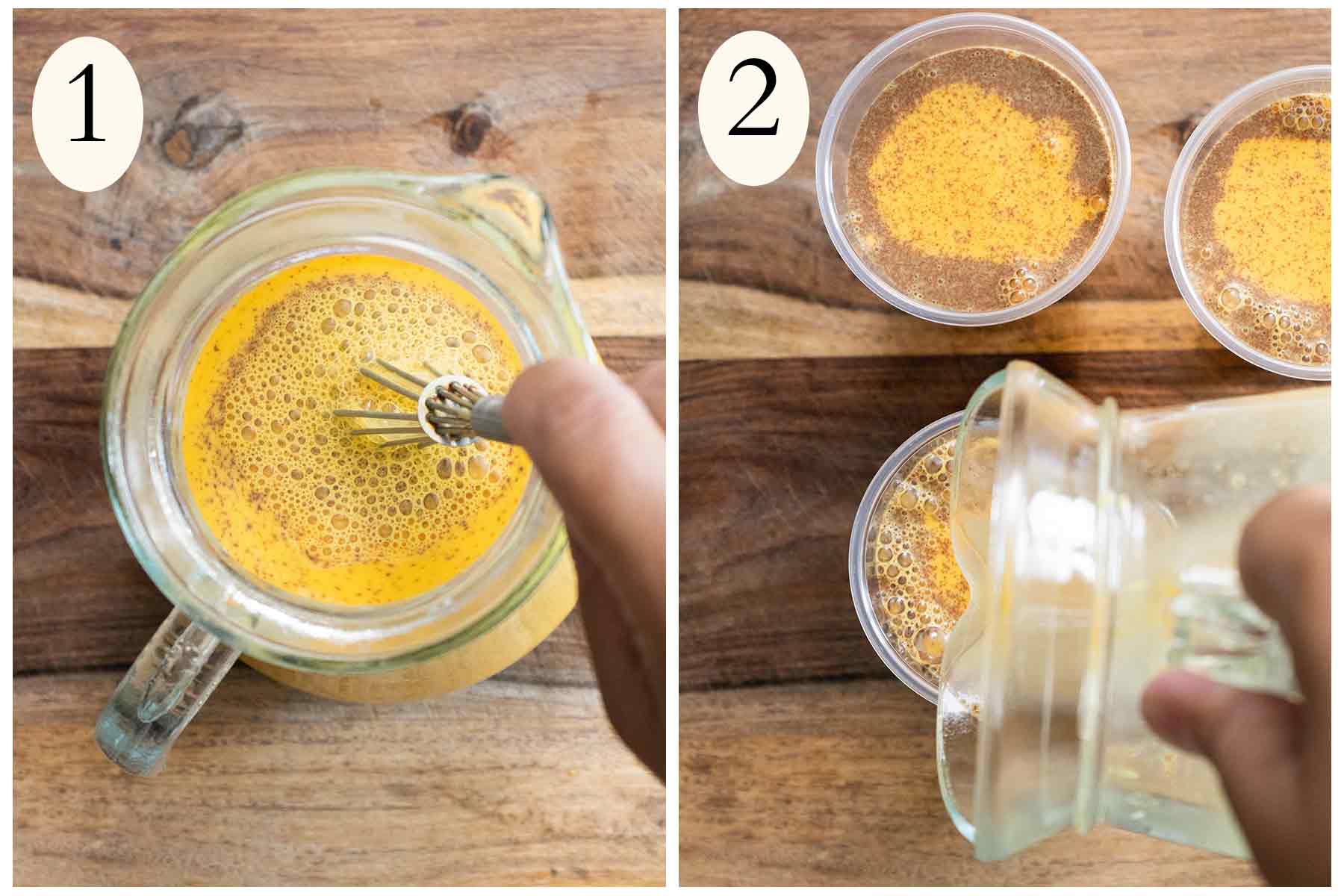 Steps on how to make a Puerto Rican Limber de crema and on the left mixing all the ingredients and pouring into cups on the right.