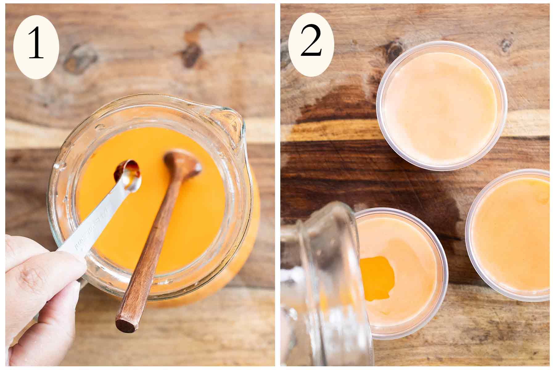 Steps on how to make a Puerto Rican Limber de mantecado and on the left mixing all the ingredients and pouring into cups on the right.