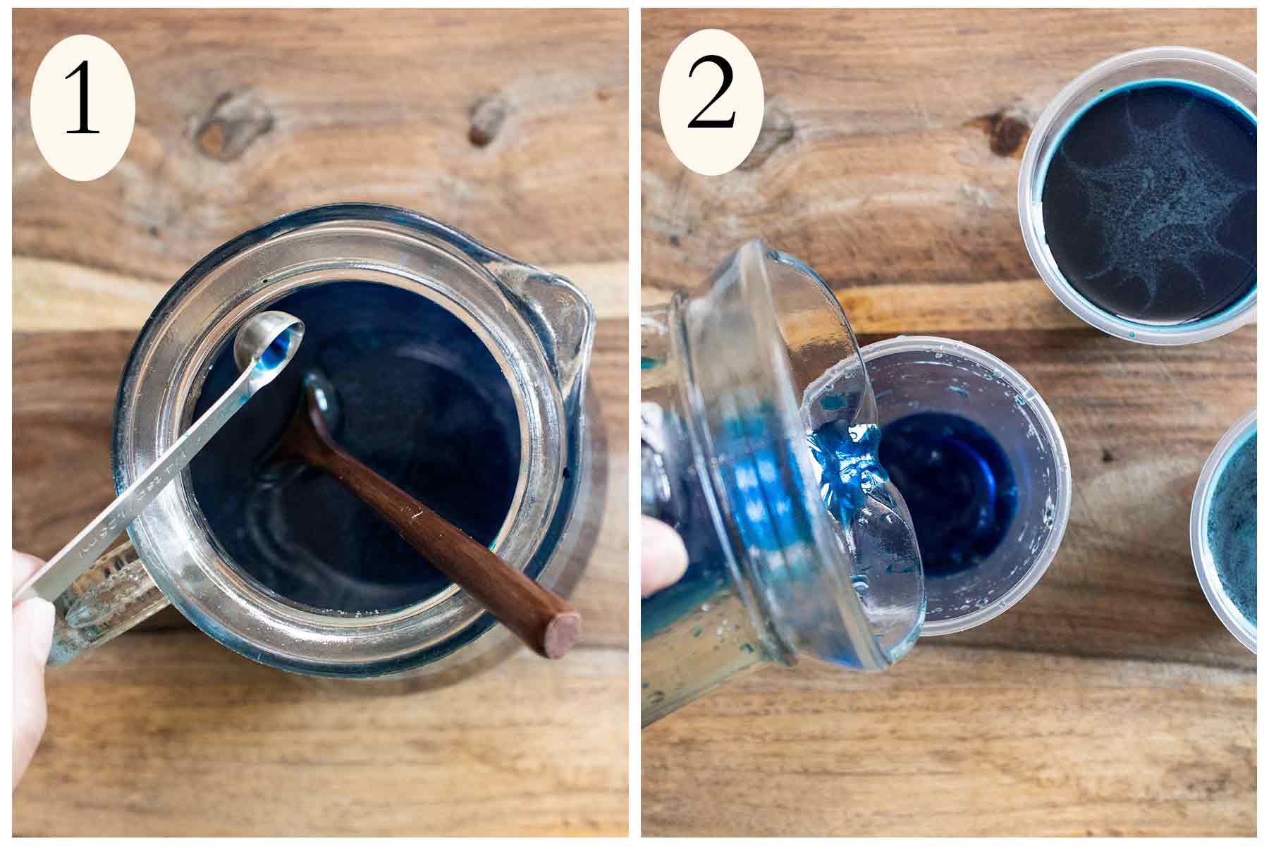 Steps on how to make a Puerto Rican Limber de pitufo or blueberry frozen cup and on the left mixing all the ingredients and pouring into cups on the right.