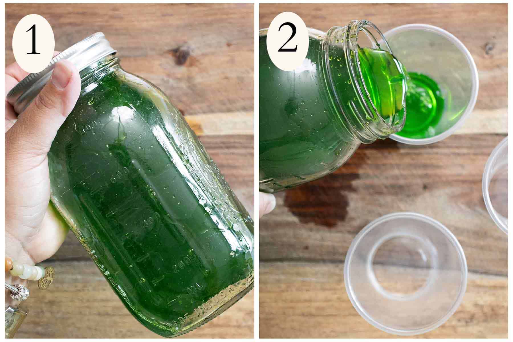 Steps on how to make a Puerto Rican Limber de menta or mint frozen cup and on the left mixing all the ingredients and pouring into cups on the right.