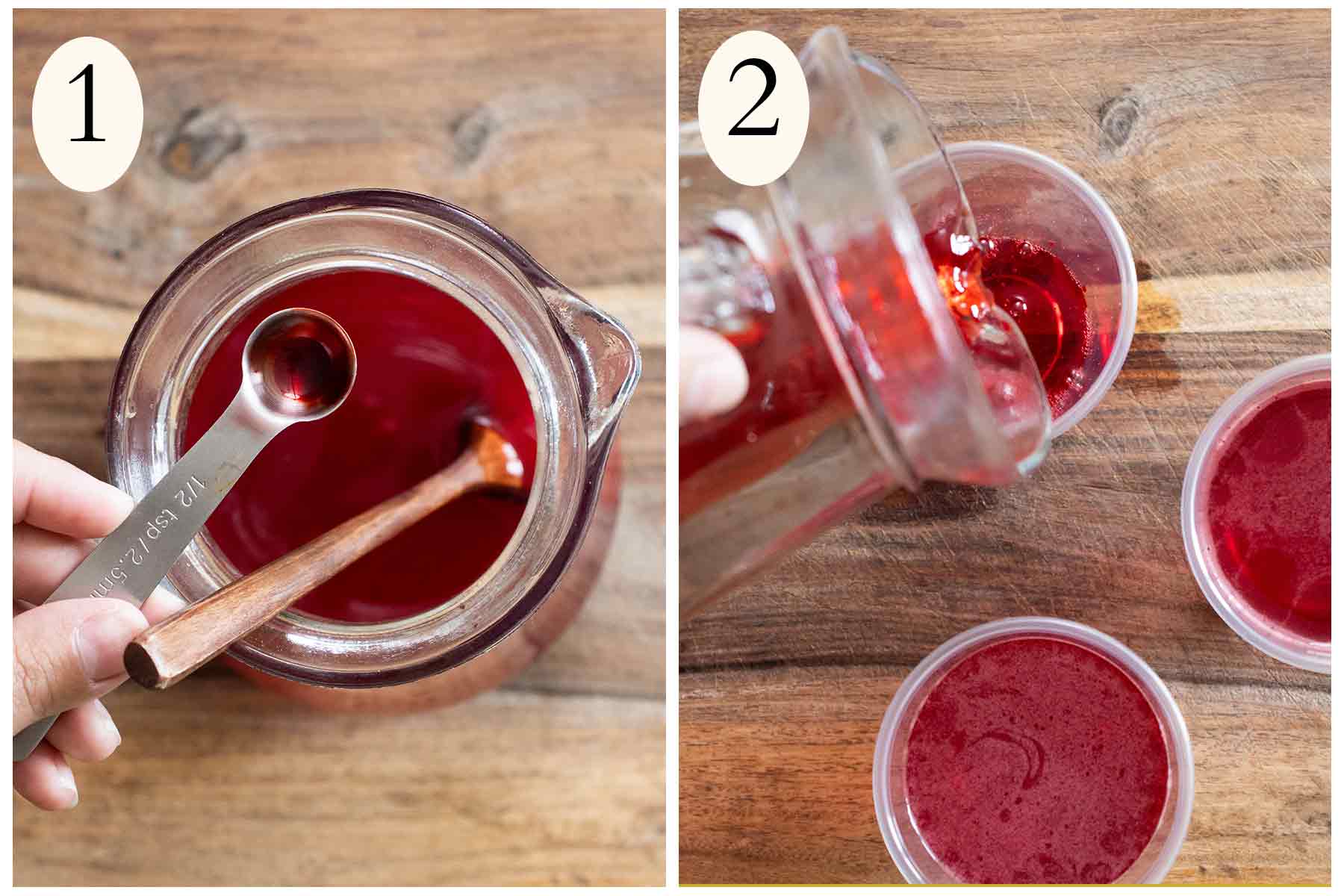 Steps on how to make a Puerto Rican Limber de fresa or strawberry flavor frozen cup and on the left mixing all the ingredients and pouring into cups on the right.