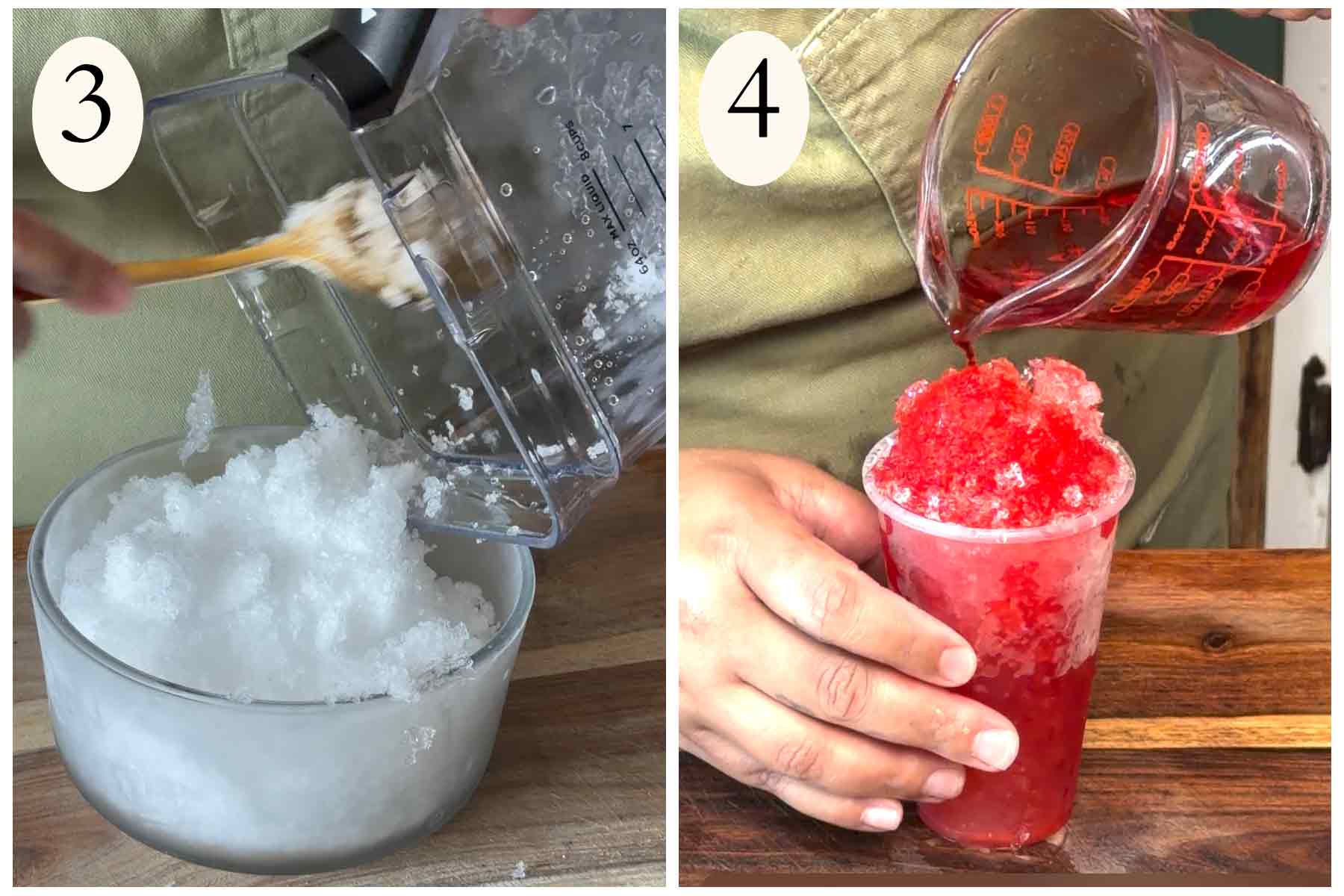 Collage on how to make a strawberry piragua on the left crushing ice and pouring the syrup over the ice on the right.