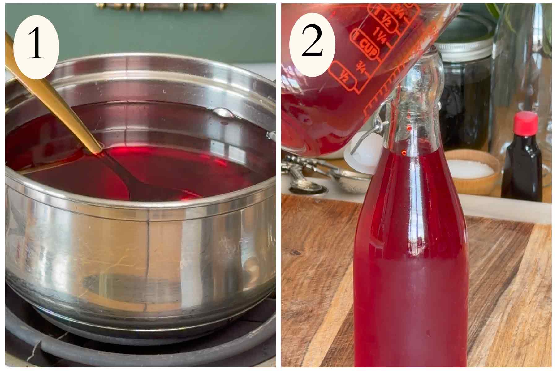 Collage on how to make a strawberry piragua on the left making the syrup and storing on the right.
