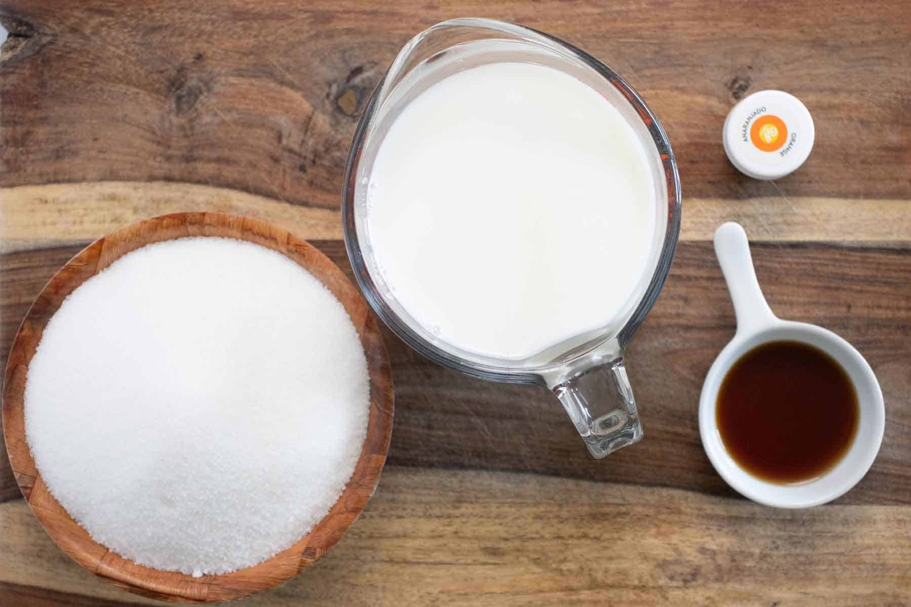 All the ingredients needed to make a piragua de mantecado or a ice cream flavor shaved ice.