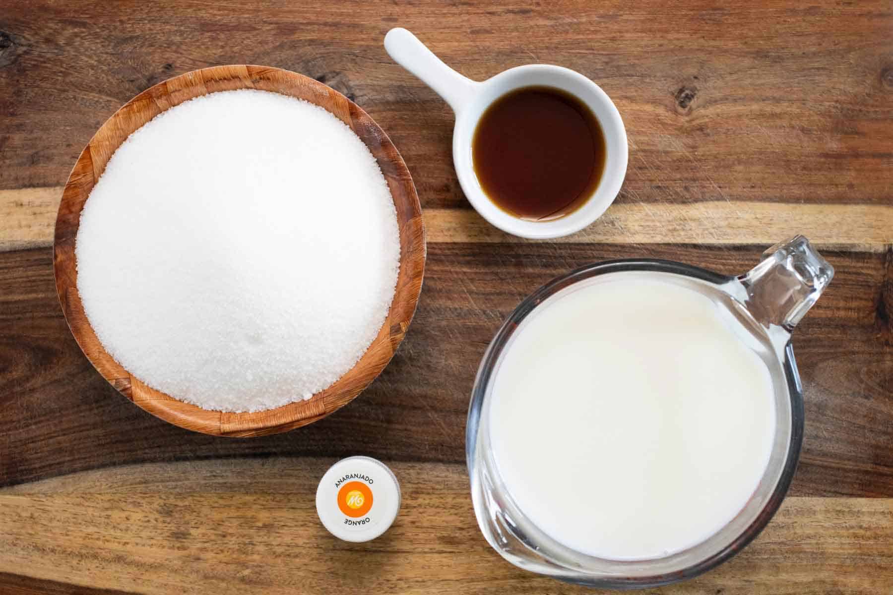 All the ingredients needed to make a homemade ice cream flavor syrup made with milk.