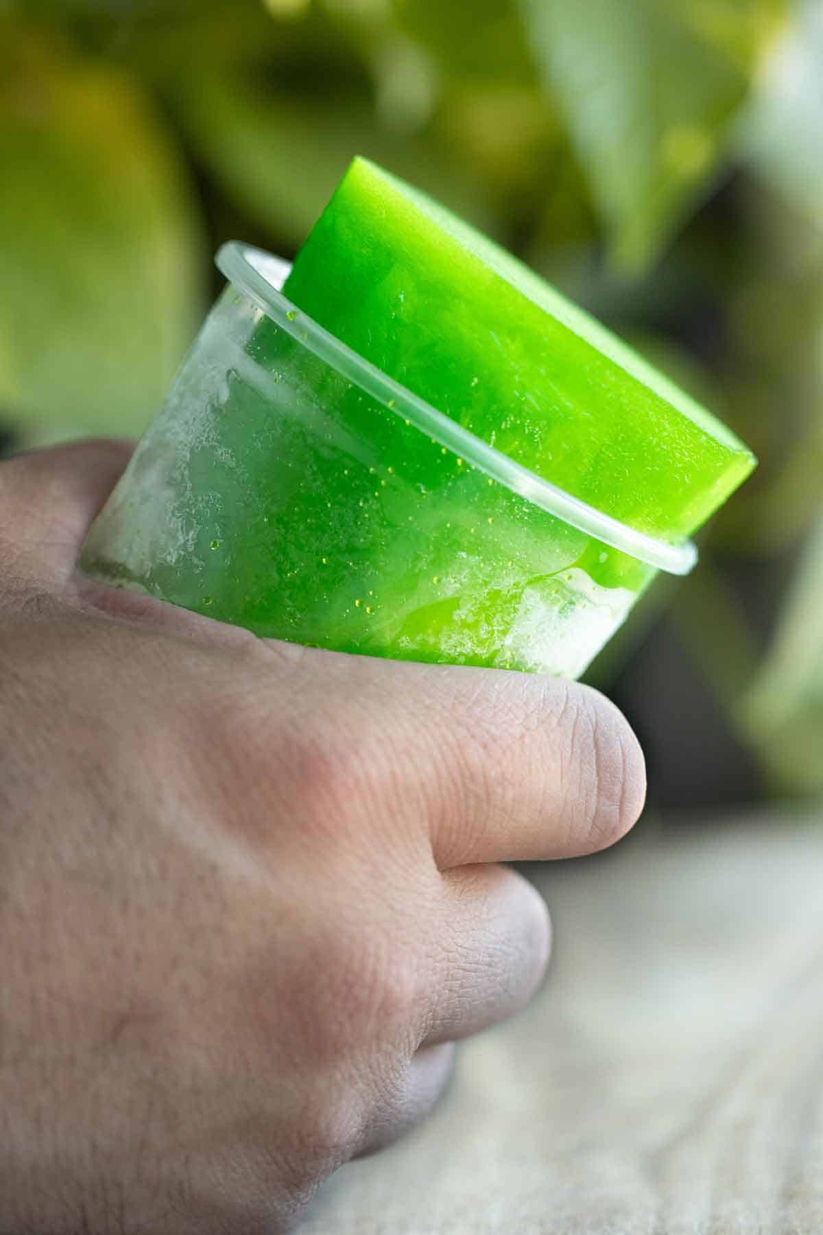 A pair of hands holding a mint flavor limber or frozen cup.