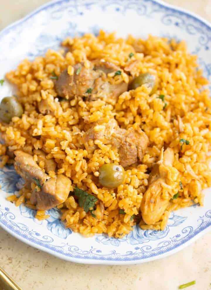 A plate with a Puerto Rican style chicken and rice.