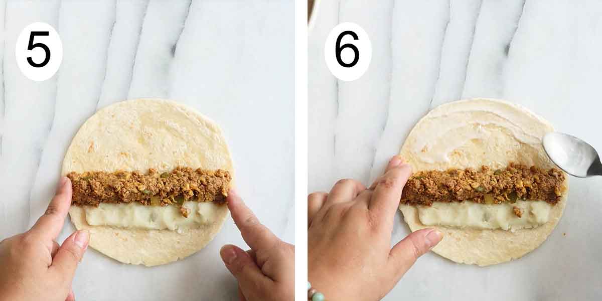 Collage on how to make beef taquitos on the left adding the filling and on the right adding the taco "glue".