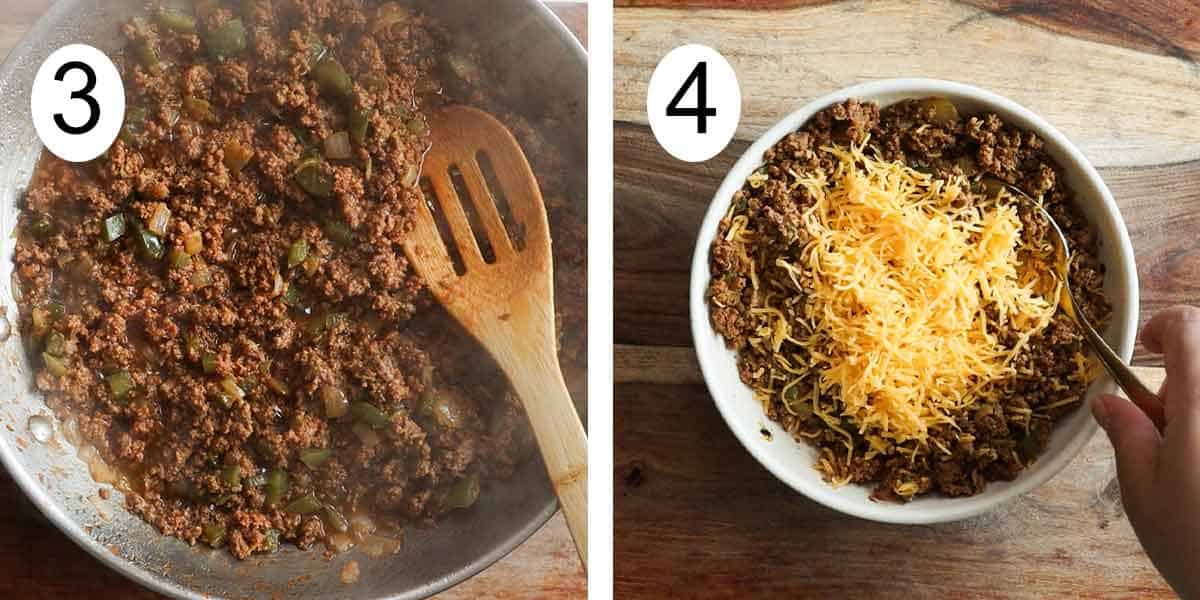 Collage on how to make beef taquitos on the left cooking the beef and adding cheese in the right.