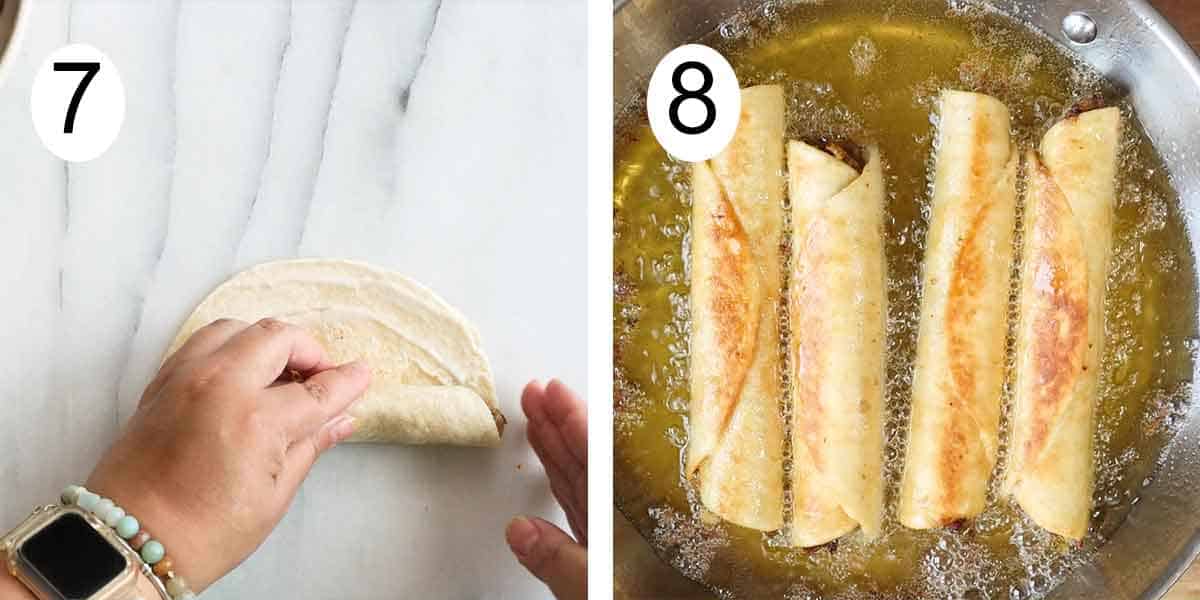 Collage on how to make beef taquitos on the left wrapping the taquitos and frying on the right.
