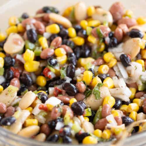 A bowl of a puerto rican style bean salad.