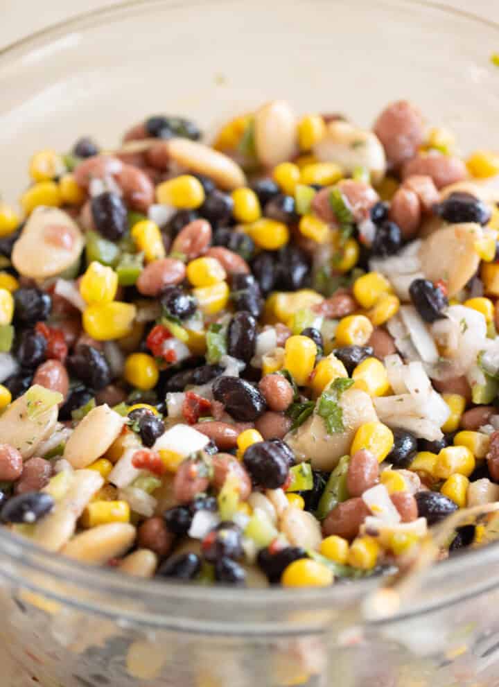 A bowl of a puerto rican style bean salad.