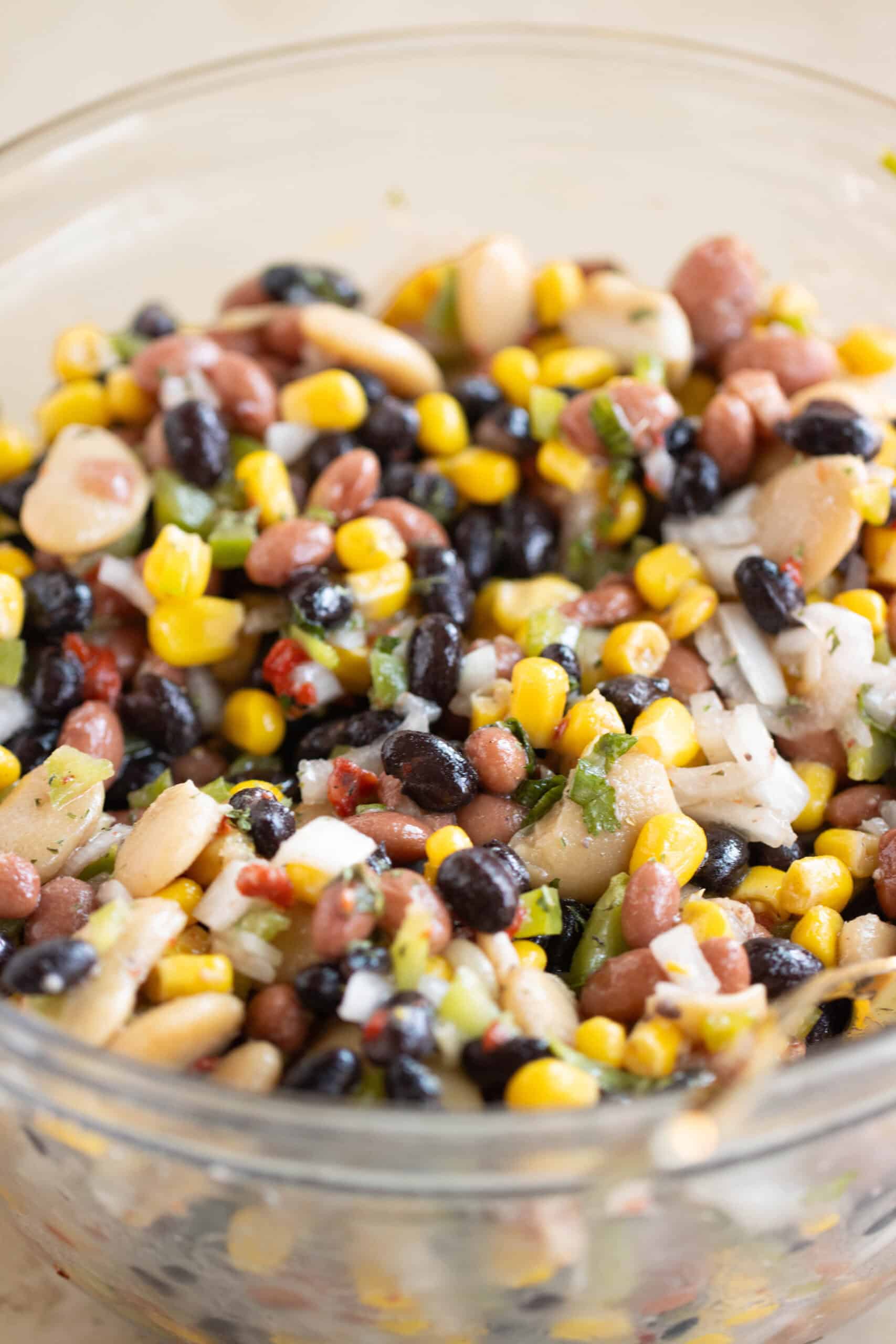 A bowl of a puerto rican style bean salad.