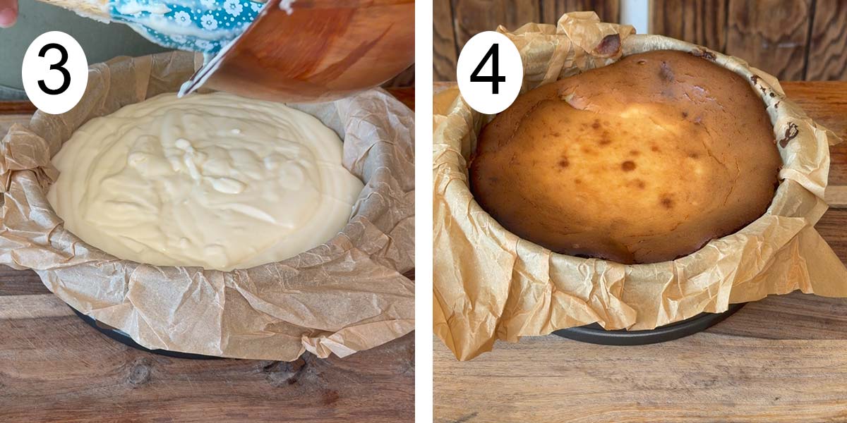 Collage on how to make a spanish basque cheesecake and on the left adding the mix into a mold and the baked cheesecake on the right.