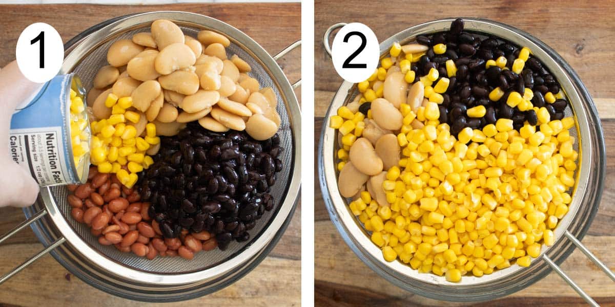 Collage on how to make a puerto rican ensalada de granos on the left adding corn to the salad and on the right draining the beans.