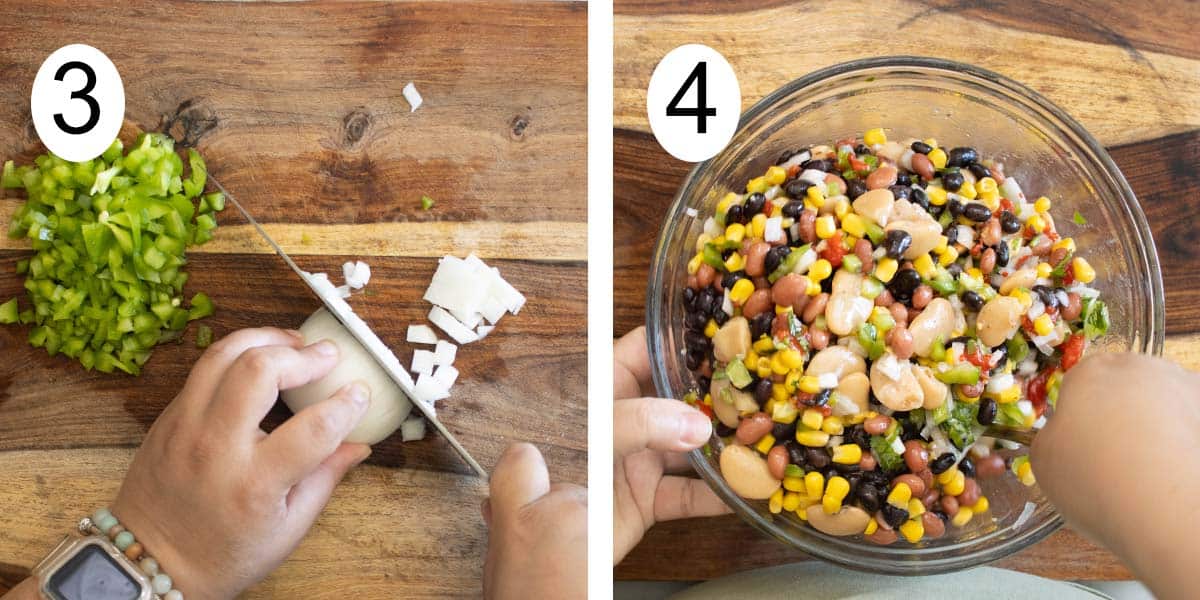 Collage on how to make a puerto rican style grain salad and on the left cutting onion and mixing the salad on the right.