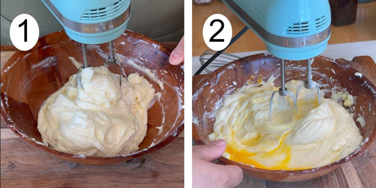 Collage on how to make a torta vasca and on the left mixing the cream cheese and sugar and on the right mixing in the eggs.