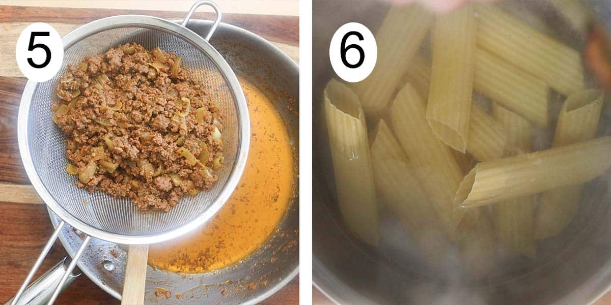 Collage on how to make beef cannellonis and on the left straining the beef and cooking the pasta on the right.