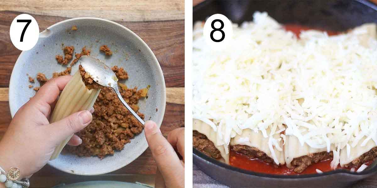 Collage on how to make puerto rican style canelones made with beef and on the left stuffing the canolones and assembeling on the right.