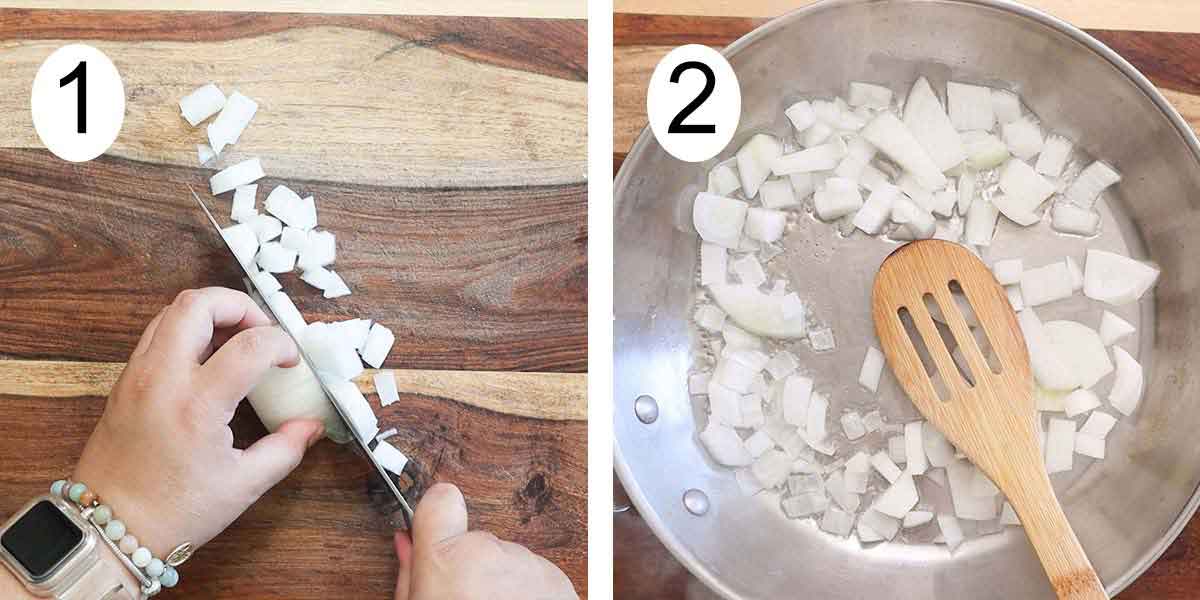 Collage on how to make beef cannellonis and on the left cutting an onion and cooking on the right.